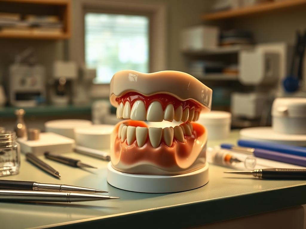 Prótesis dental completa sobre superficie de laboratorio dental en Moratalaz, Madrid